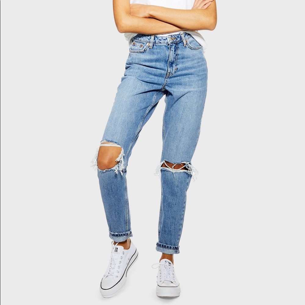 Topshop Petite Mom Blue Ripped Jeans W25/L28 ($75)